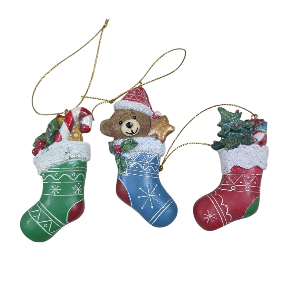 Christmas Stocking Ornaments 3 Piece Set ‎ Teddy Bear New With Box